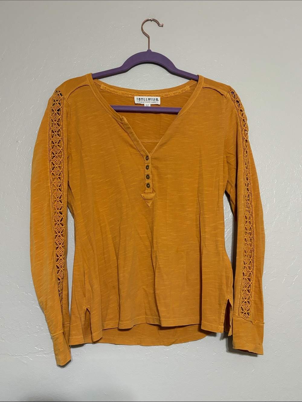 Idyllwind Mustard Yellow Long Sleeve Henley with Lace Sleeve Detail